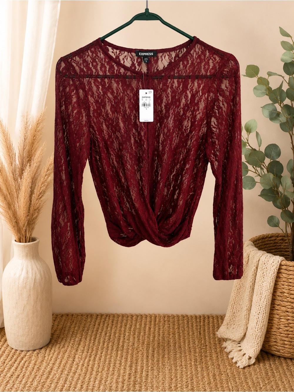 Express Burgundy Lace Twist-Front Long Sleeve Blouse